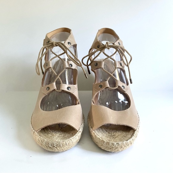 Anthropologie Carmen Saiz Leather Espadrille Wedge Sandals Strappy Gladiator Tan - Picture 3 of 9